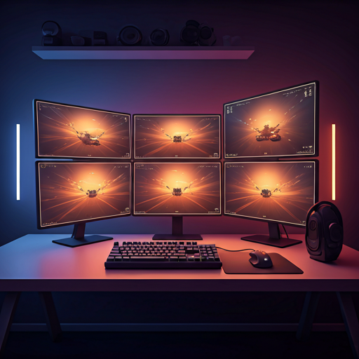 Gamers playing on a multi-monitor setup